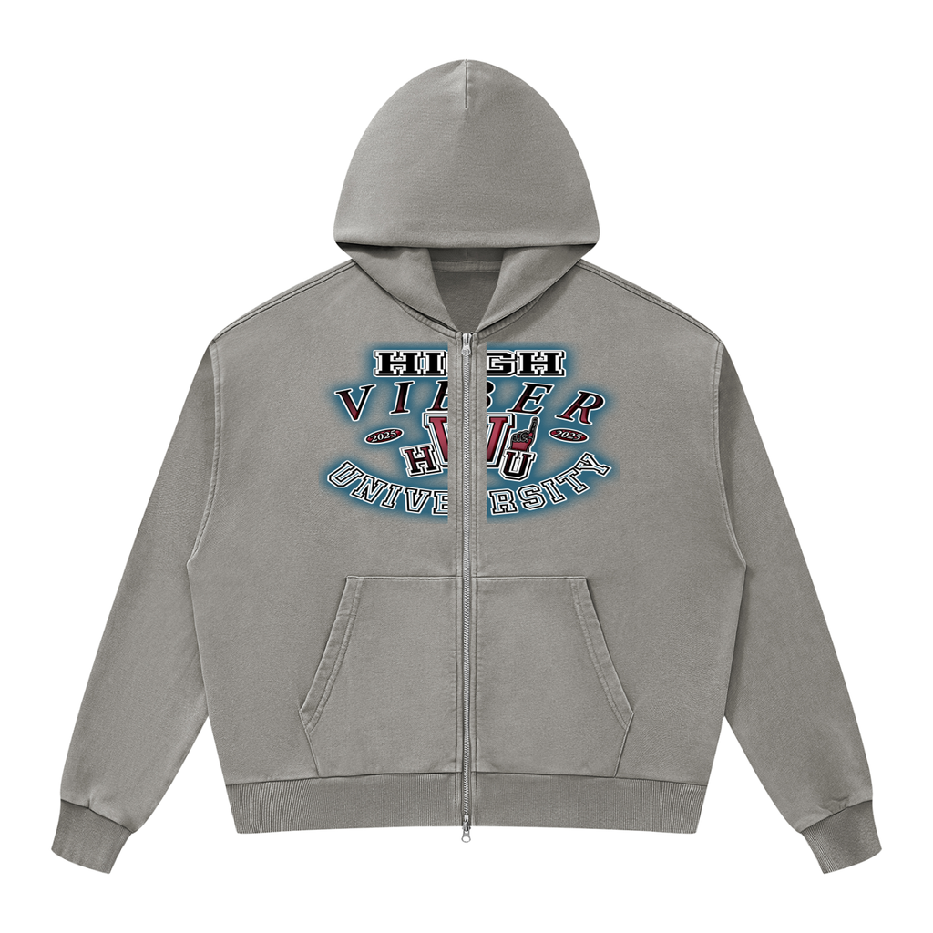 High Viber University Mineral Wash Full Zip Boxy Hoodie