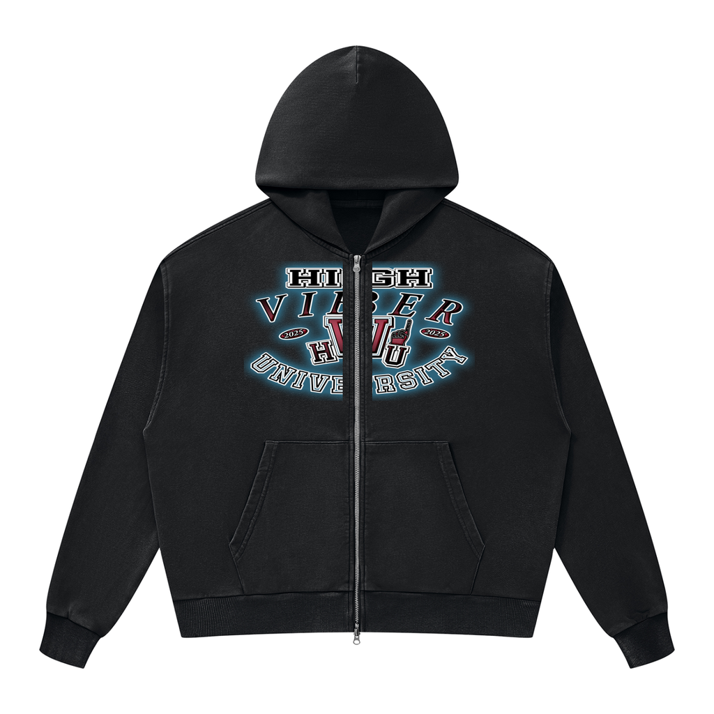 High Viber University Mineral Wash Full Zip Boxy Hoodie