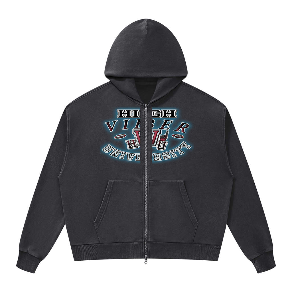 High Viber University Mineral Wash Full Zip Boxy Hoodie