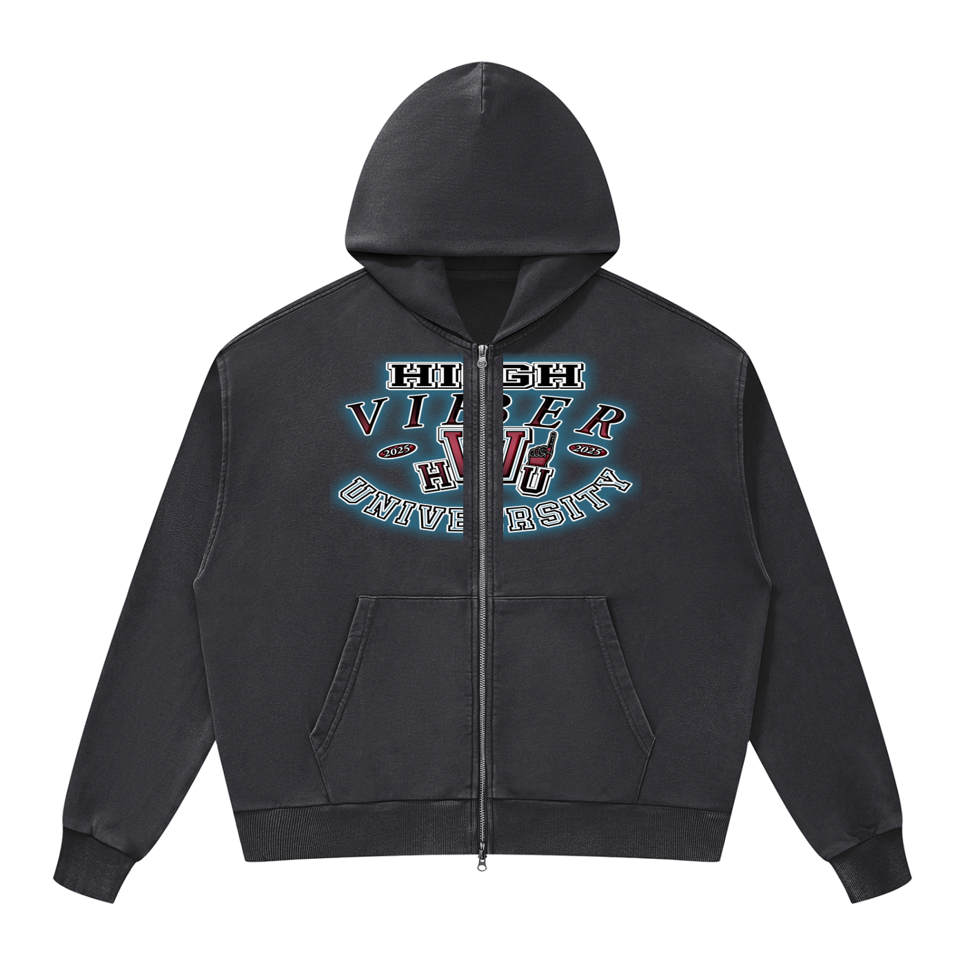 High Viber University Mineral Wash Full Zip Boxy Hoodie