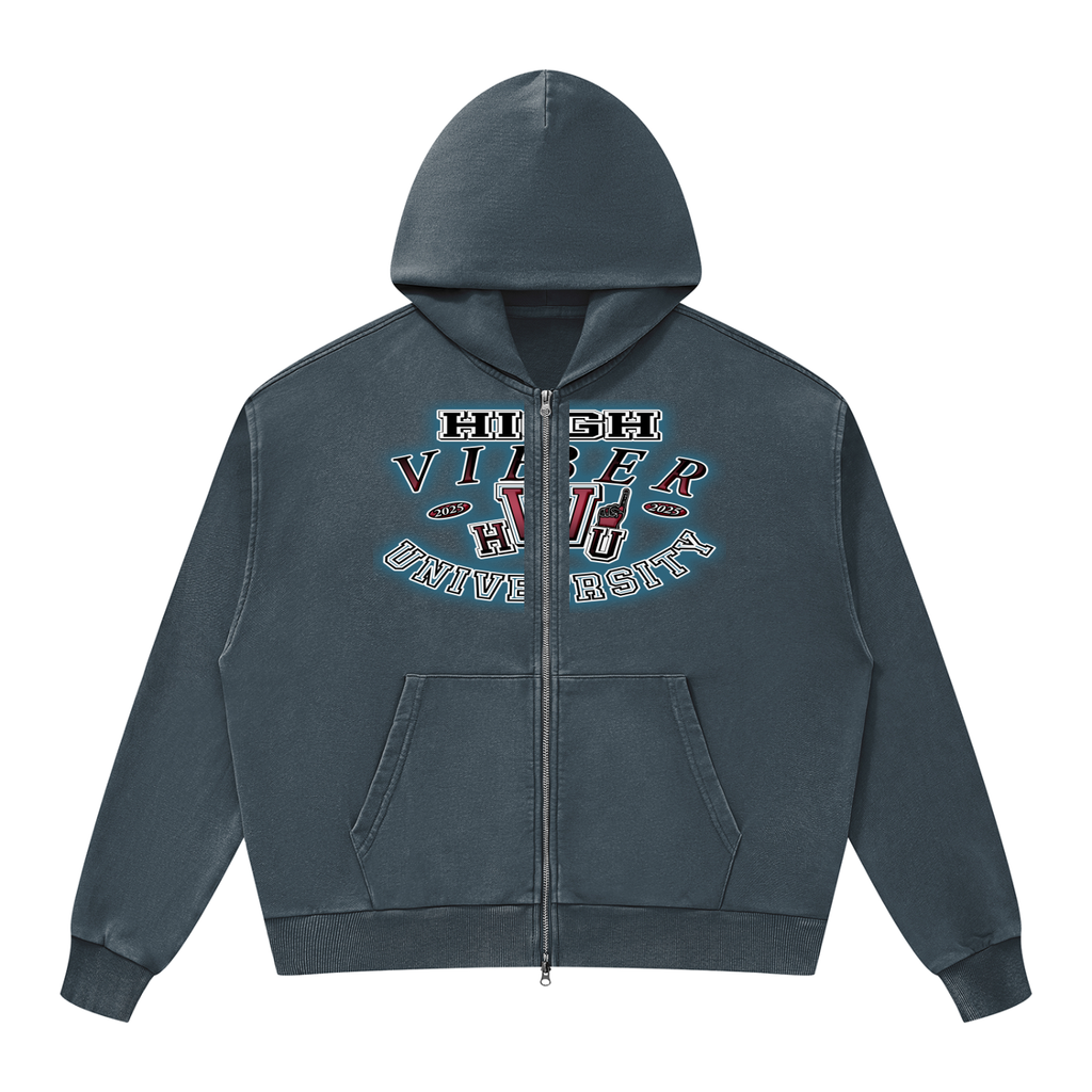 High Viber University Mineral Wash Full Zip Boxy Hoodie